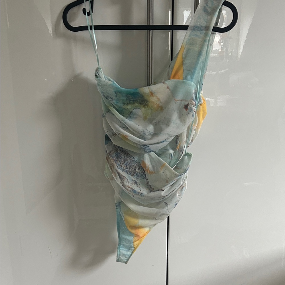 Gorgeous Multicolor Sheer Bodysuit with Cutout with Abstract Design